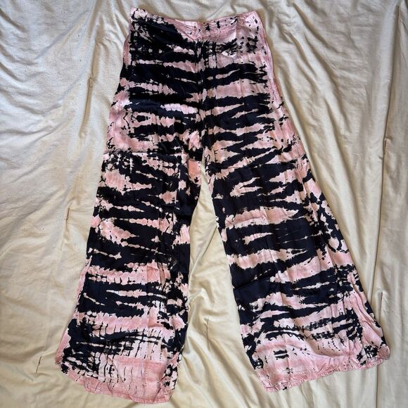 YBF Pink & Black Tie Dye Large Satin Pants Wide Leg Flowy Young Broke Fabulous - Picture 1 of 5